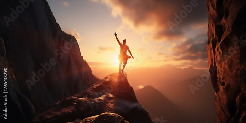 silhouette of  person rock climber that success to the top of the rock at sunset