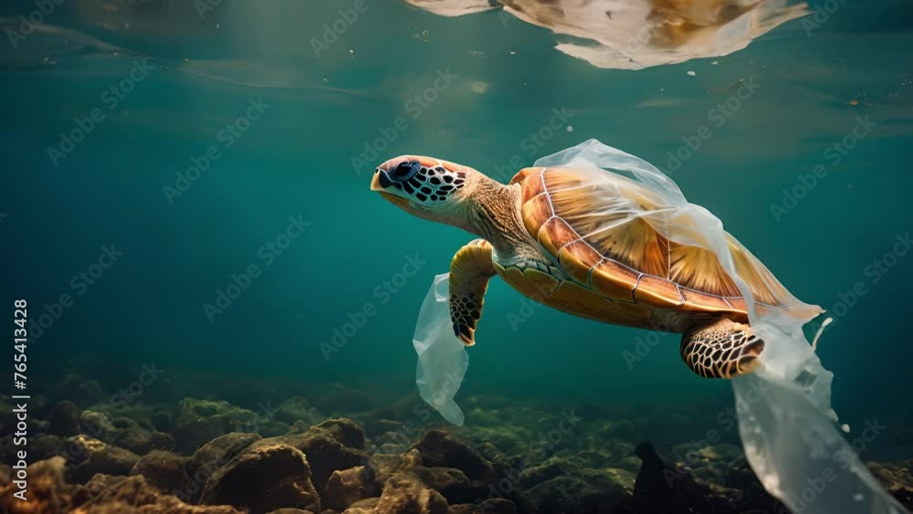 Plastic pollution is an environmental problem in the oceans. Turtle stuck in plastic bag, save ocean concept. Underwater concept of global problem with plastic waste floating in the ocean Plastic pollution is an environmental problem in the oceans. Turtle stuck in plastic bag, save ocean concept. Underwater concept of global problem with plastic waste floating in the ocean
