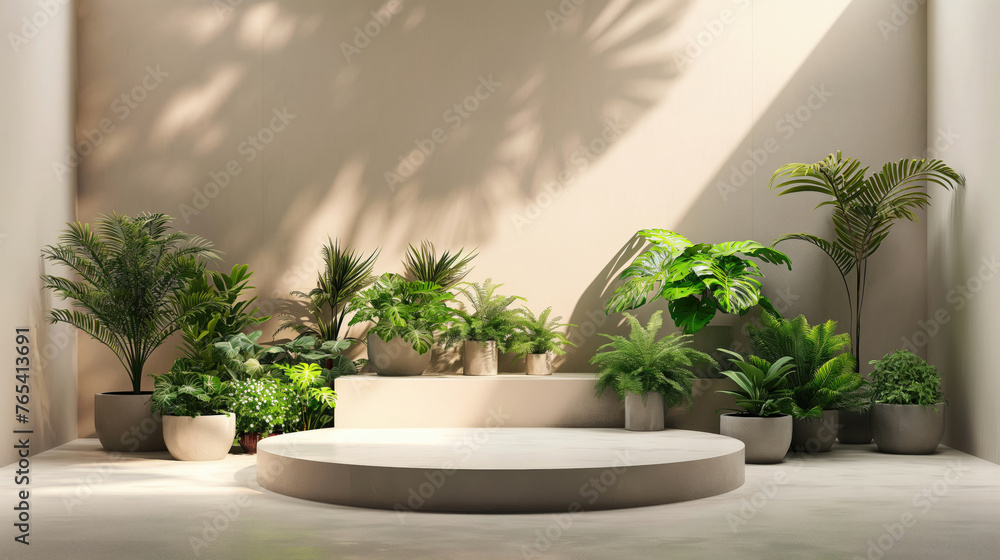 Space with a podium in a bright room. Image for presentation and placement of advertising, people, products, goods. Platform with exotic plants on the floor. Curtains, white material and texture. Space with a podium in a bright room. Image for presentation and placement of advertising, people, products, goods. Platform with exotic plants on the floor. Curtains, white material and texture.