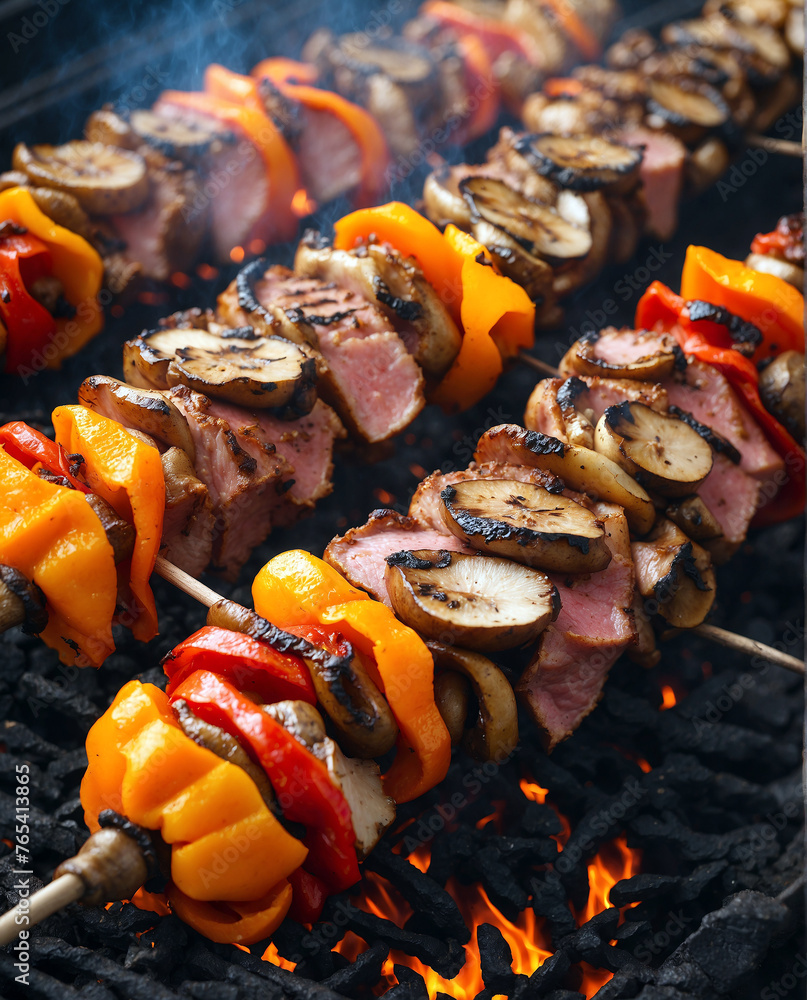 Cooking kebabs of pork, orange peppers and mushrooms on a charcoal grill. Cooking kebabs of pork, orange peppers and mushrooms on a charcoal grill.