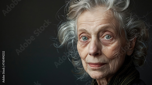 Beautiful woman 80s with gray hair. Elderly pensioner portrait on black isolated background. Pretty old lady face. Aging skin care. Retired senior person with wrinkles. Natural beauty concept. Grandma