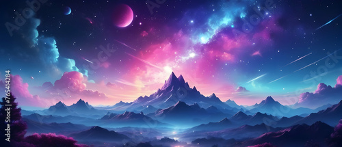 Fantasy drawing galaxy cloudy sky. Beautiful sky clouds outer space galaxy background with stars, bright colors, pink, blue, purple. Night view of mountain peaks