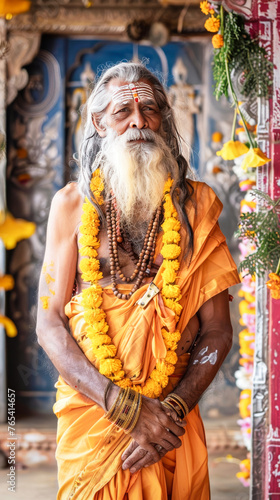A hindu sage or rishi in traditional clothes, in a traditional temple photo