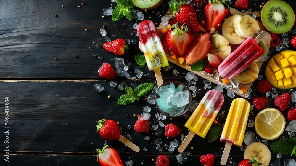 Assorted grilled fruits, ice cream and ice pops