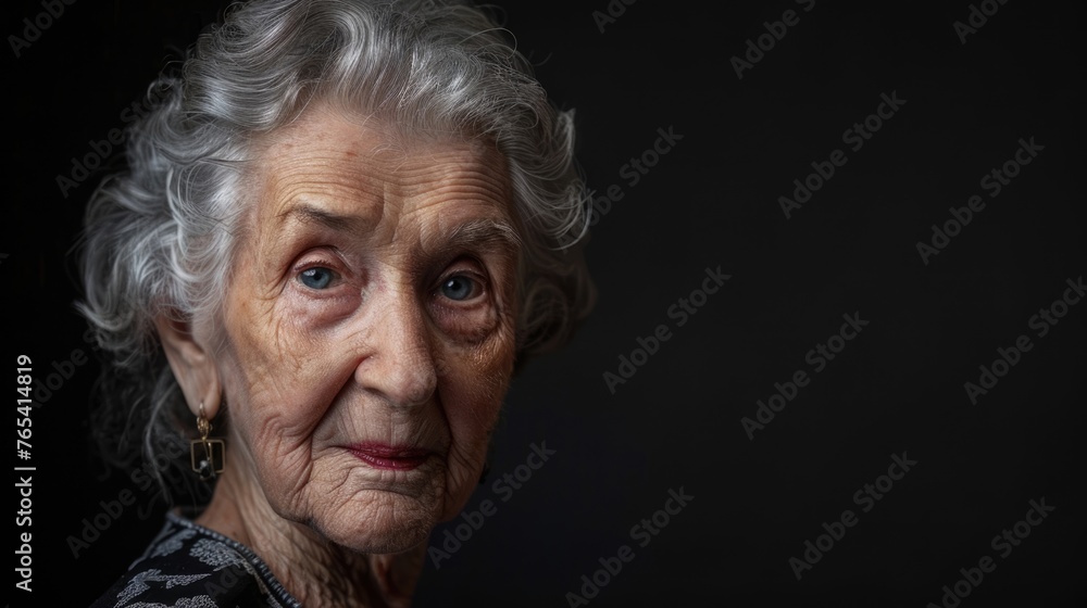 Beautiful woman 80s with gray hair. Elderly pensioner portrait on black isolated background. Pretty old lady face. Aging skin care. Retired senior person with wrinkles. Natural beauty concept. Grandma Beautiful woman 80s with gray hair. Elderly pensioner portrait on black isolated background. Pretty old lady face. Aging skin care. Retired senior person with wrinkles. Natural beauty concept. Grandma