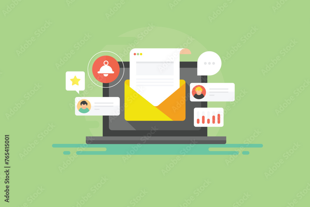 Customers receive online message notification on laptop screen, open newsletter document, email marketing campaign performance analytics software vector illustration. Customers receive online message notification on laptop screen, open newsletter document, email marketing campaign performance analytics software vector illustration.