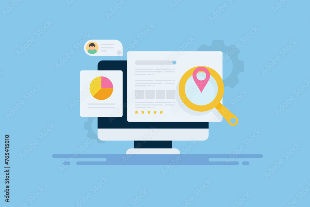 Search engine display local business information and map direction and customer feedback, modern SEO optimization technology vector illustration. Search engine display local business information and map direction and customer feedback, modern SEO optimization technology vector illustration.