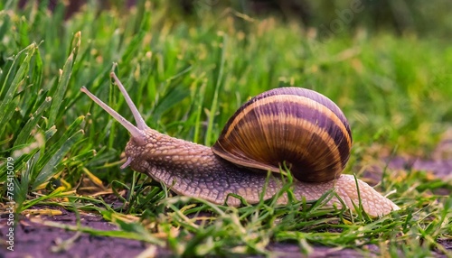 Trailing Beauty: A Snail's Slow Journey Across the Grass"