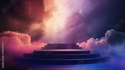 Selling image for business, advertising, identity, logos and text. A beautiful background for placing services, objects, goods, projects and people. Venue and podium with epic landscape and clouds. photo