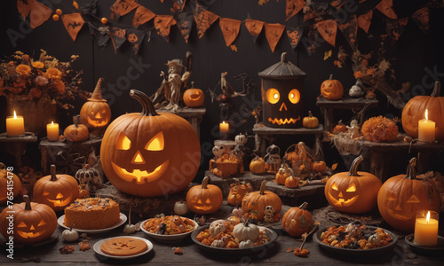 Trick or treat party and Pumpkin Jack-O-Lantern surrounded by halloween decor © rodrigo