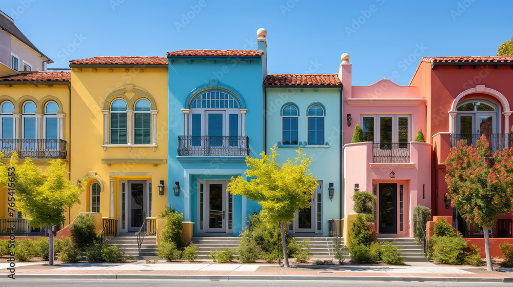 Colorful stucco traditional private townhouses. Residential architecture exterior. Generative AI