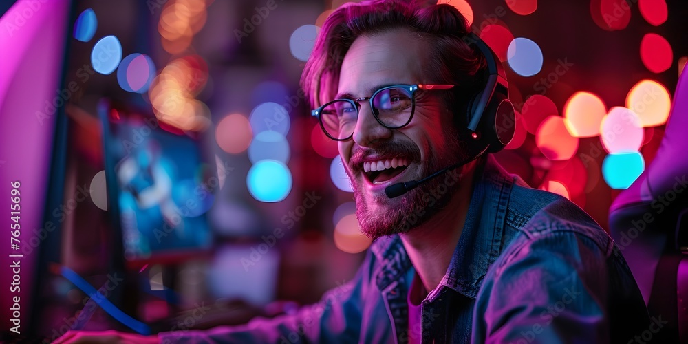 Gamer Celebrates Virtual Victory with Satisfied Smile and Vibrant Workspace Gamer Celebrates Virtual Victory with Satisfied Smile and Vibrant Workspace