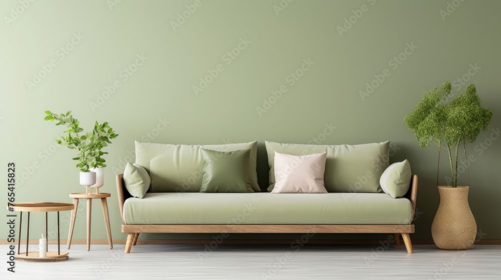 Light green sofa with brown and beige pillows against wall with copy space. Scandinavian home interior design of modern living room Generative AI Light green sofa with brown and beige pillows against wall with copy space. Scandinavian home interior design of modern living room Generative AI