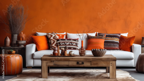 Rustic wooden coffee table near white sofa with orange leather pillows. Farmhouse, ethnic, boho style home interior design of modern living room Generative AI photo