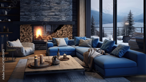 Two blue sofas near fireplace. Scandinavian home interior design of modern living room in chalet Generative AI © Fang