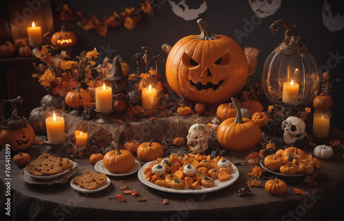 Trick or treat party and Pumpkin Jack-O-Lantern surrounded by halloween decor © rodrigo