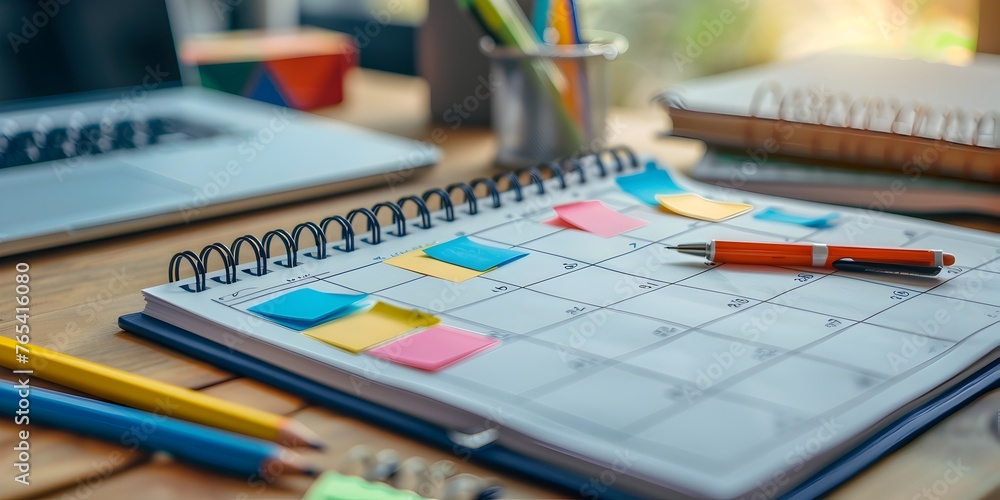 Fototapeta premium Vibrant Color-Coded Calendar and Desk Accessories for Strategic Planning and Organized Productivity