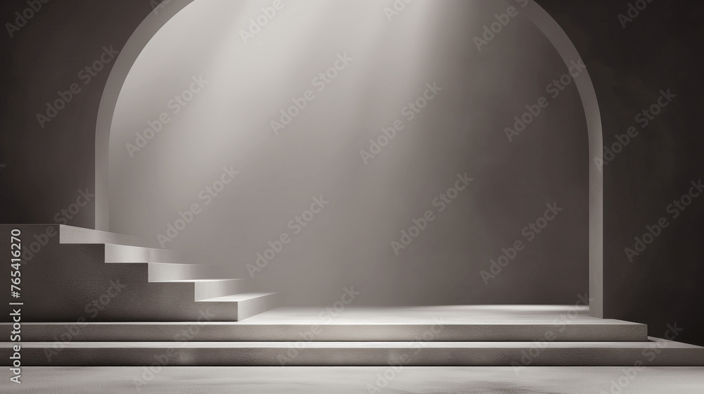 Obraz premium A room with steps leading to the top and arches for the presentation and placement of advertising, people, products, goods. Dark space with neutral beige lighting. Minimalistic style, matte materials.
