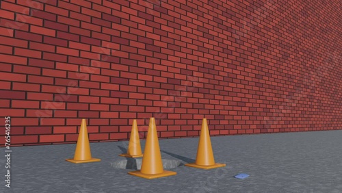 3D animation of a man looking at his phone while walking and falling down an open hole in the street. His phone bounces on the concrete beside the hole. 