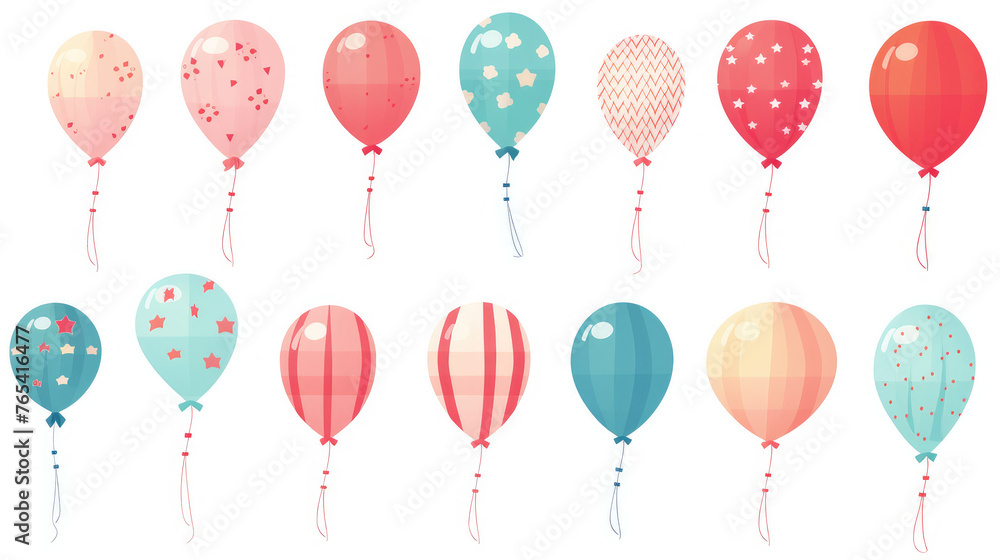 Set of coloful watercolor balloons and confetti isolated on white background for birthday party element design.