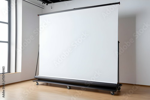 Empty white Presentation board on the floor stand with wheels on the office room. Empty Projection screen.