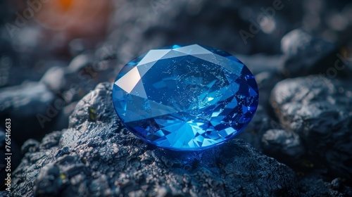 Sparkling blue gemstone nestled in dark coal rocks