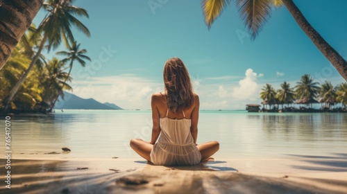 Back view of a peaceful woman relaxing on the white sand on the beach, against the background of the sea, palm trees, blue sky. Summer Holidays, Travel, Landscape concepts. Horizontal photo. © liliyabatyrova