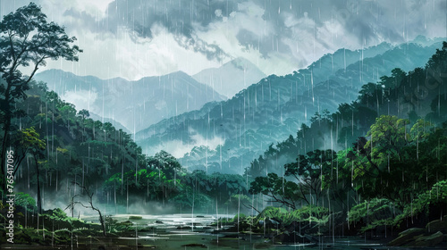 Beautiful rain in the forest and mountains landscape. Rainy season greenery nature photography 