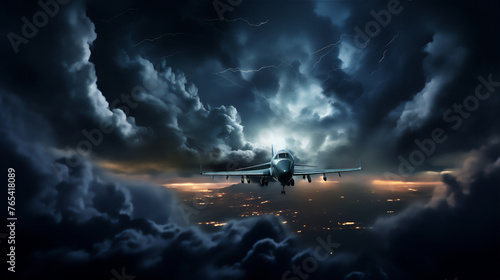 Airplane flying above the storm clouds at night