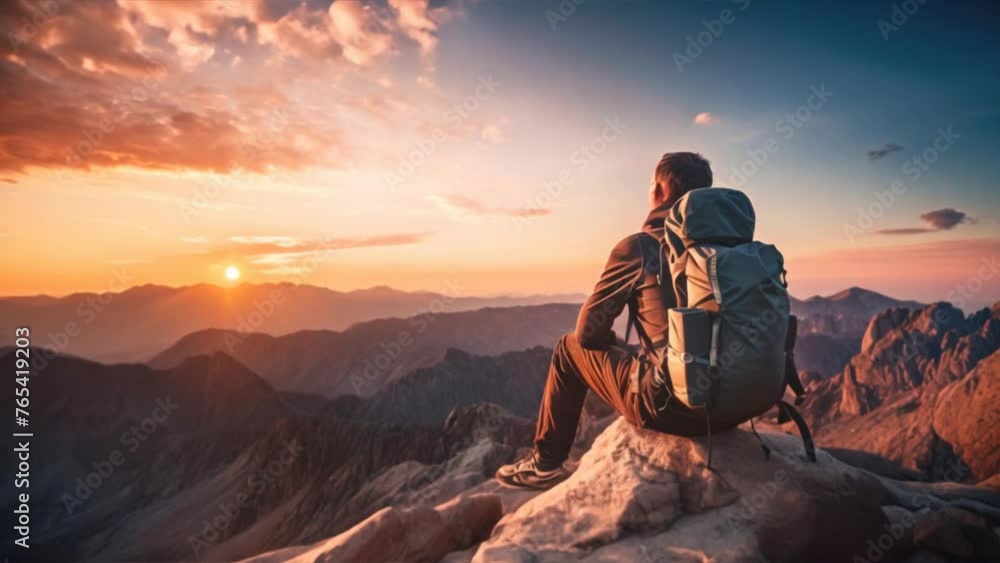 Hiker with backpack relaxing on top of a mountain, male hiker and nature