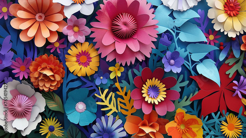 Background of spring and summer festive. Colorful flowers made of paper cut in 3D isolated background