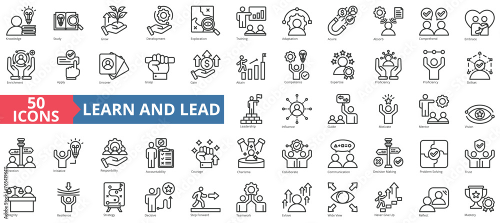 Learn and lead icon collection set. Containing knowledge, study, grow, development, exploration, training, adaptation icon. Simple line vector. - obrazy, fototapety, plakaty 