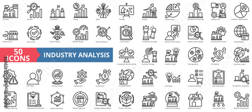 Industry analysis icon collection set. Containing competitor, trends, swot, strategy, growth, market share, competitive advantage icon. Simple line vector.