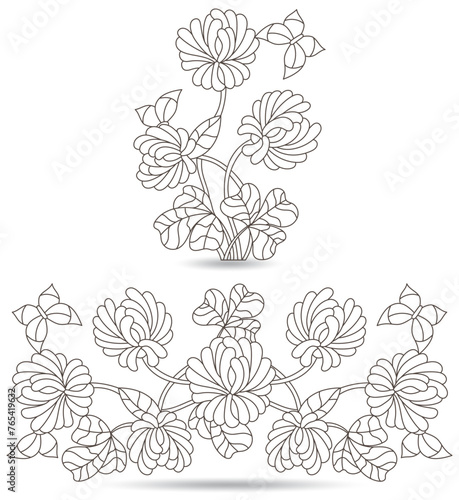 Set of contour illustrations in stained glass style with floral arrangements  dark contours on a white background