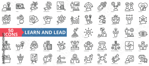 Learn and lead icon collection set. Containing knowledge, study, grow, development, exploration, training, adaptation icon. Simple line vector.