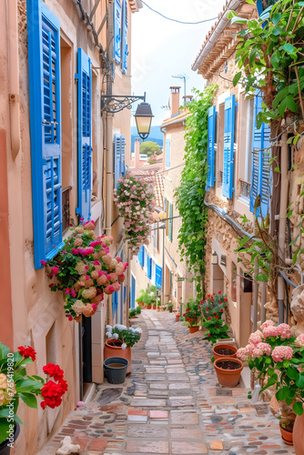 Flowers and plants brighten narrow alleyway between buildings