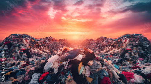 Fast Fashion, Environmental Impact, Garment Wastes, Secondhand Clothing. Dump of used clothes. Garments factory waste dumping sites photo