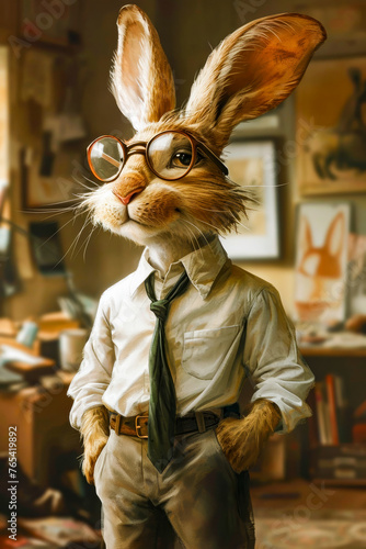Rabbit wearing glasses tie and white dress shirt stands in art room.
