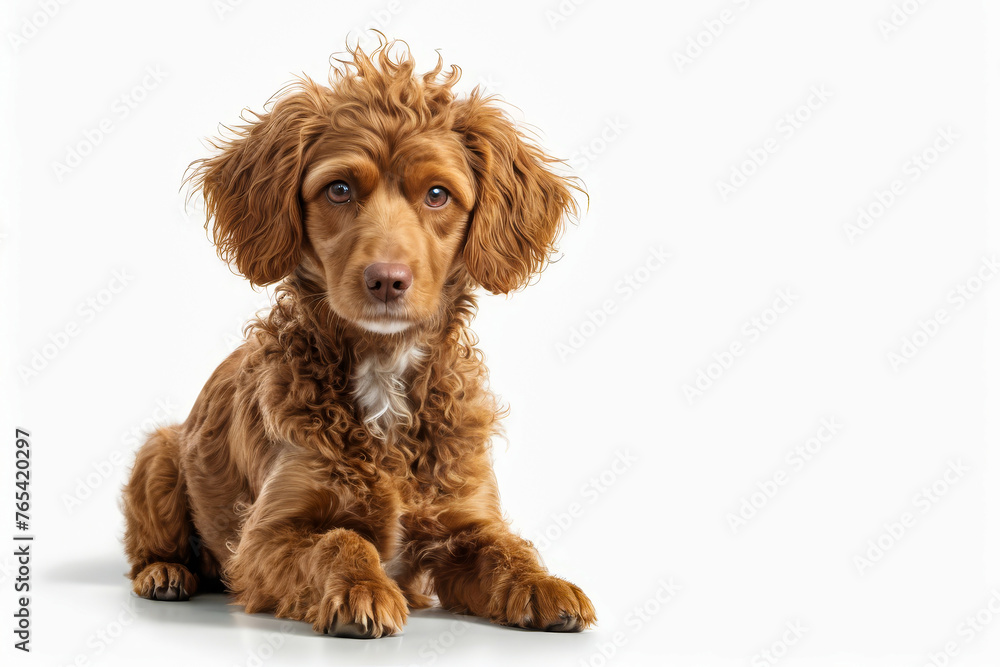 Brown curly puppy with white background.