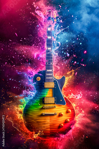 Rainbow colored guitar that is electric.