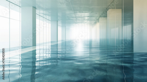 Blue room filled with clean water. Tile, windows and columns. Glare from water on the ceiling and floor. Beautiful reflections. Advertising background for websites and social networks.