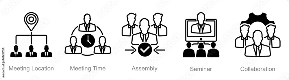 A set of 5 Meeting icons as meeting location, meeting time, assembly A set of 5 Meeting icons as meeting location, meeting time, assembly