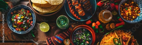 A table set with festive traditional Mexican dishes, top view. An illustration of food to celebrate traditional Mexican holidays. photo