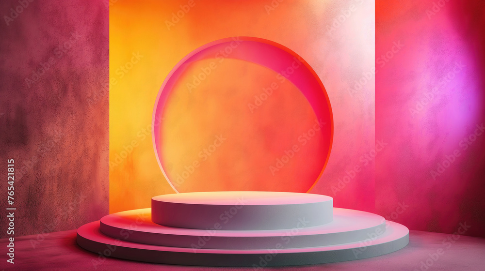 Advertising podium with steps for presentation and promotion of goods. Flat vertical geometric elements and ring. Sunset and sun. Pink, blue and yellow are nice colors. Advertising podium with steps for presentation and promotion of goods. Flat vertical geometric elements and ring. Sunset and sun. Pink, blue and yellow are nice colors.