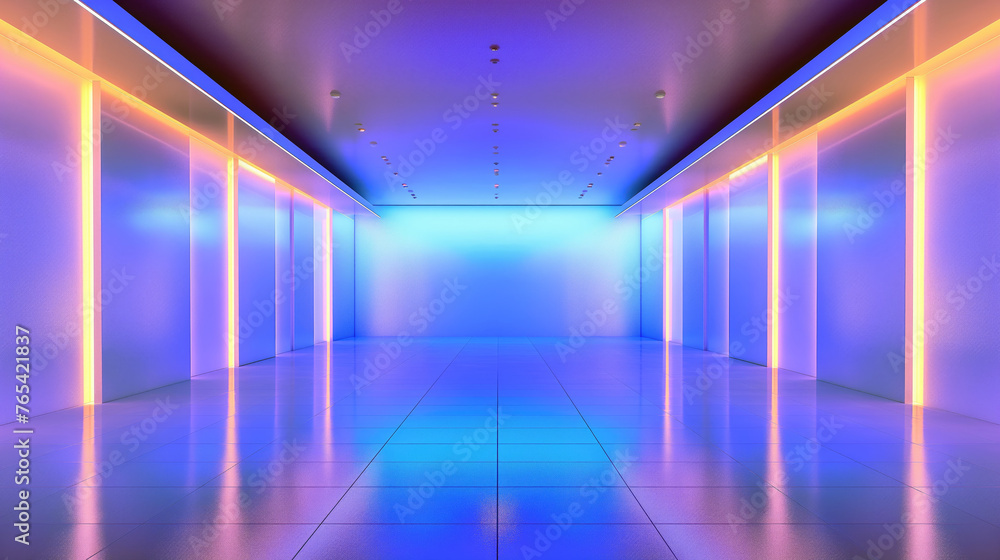 Fototapeta premium Modern sci-fi corridor background with glowing purple and blue neon lights and sleek metallic finish. Technologies and innovations. Futurism, space and interior.