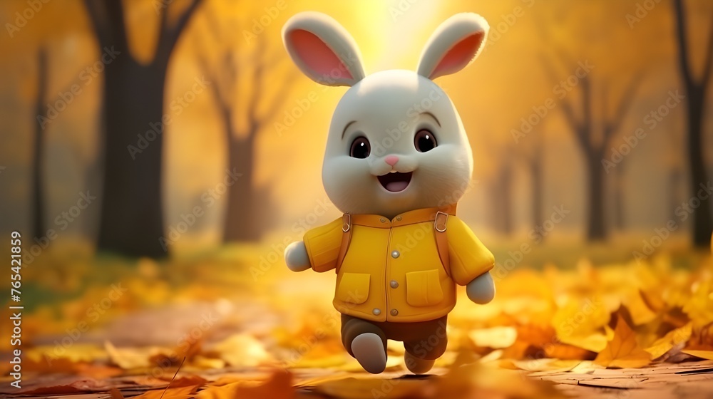 3d cute cartoon rabbit bunny wear orange jacket in the blurred ...