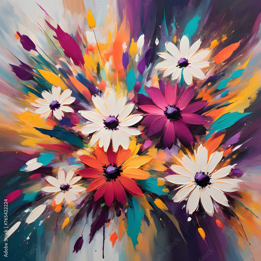 Abstract background with flowers. Acrylic accents breathe life into oil-painted blooms.