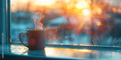 the serene beauty of a steaming mug resting on a windowsill bathed in the warm glow of the rising sun