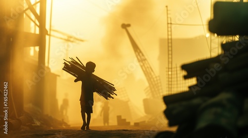 Against the blurred factory scene, a child carries construction materials, their silhouette a stark reminder of child labor. photo