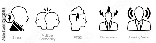 A set of 5 Mental Health icons as stress, multiple personality, ptsd